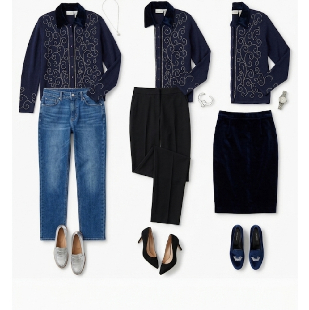 Embellished Navy Women's Cardigan with Velvet Collar - Picture 12 of 12